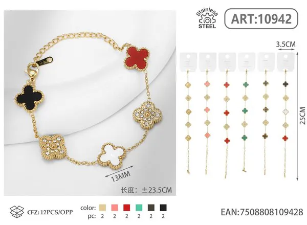 Pulsera de acero inoxidable con cinco tréboles y circonias, varios colores
