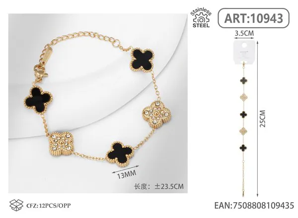 Pulsera de acero inoxidable con cinco tréboles y circonias, negro