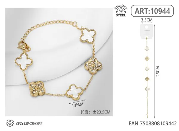 Pulsera de acero inoxidable con cinco tréboles y circonias, blanco