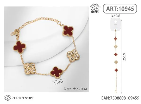 Pulsera de acero inoxidable con cinco tréboles y circonias, rojo vino