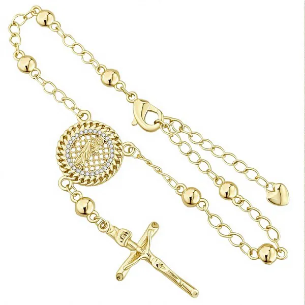 Pulsera dorada tipo denario con medalla y crucifijo