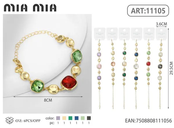 Pulsera dorada con circonias redondas y cuadradas