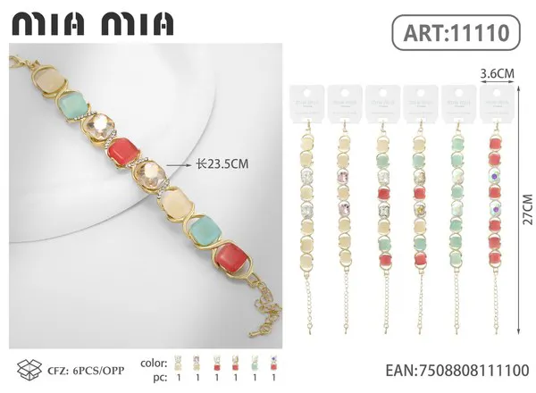 Pulsera dorada con cristales cuadrados en fila