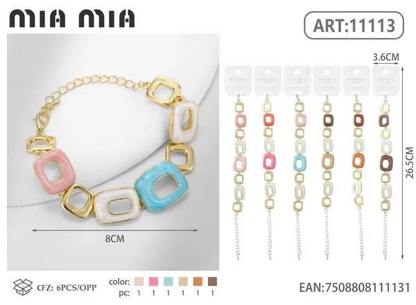 Pulsera dorada con eslabones cuadrados de colores