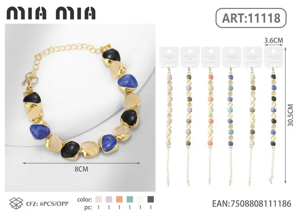 Pulsera dorada con cabujones esmaltados, azul y negro