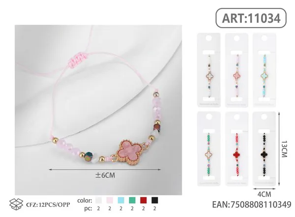 Pulsera tejida con dije de trébol y cuentas, rosa