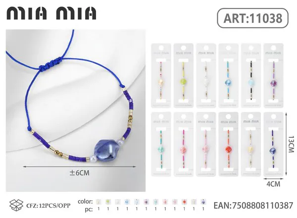 Pulsera tejida con concha y cuentas, azul