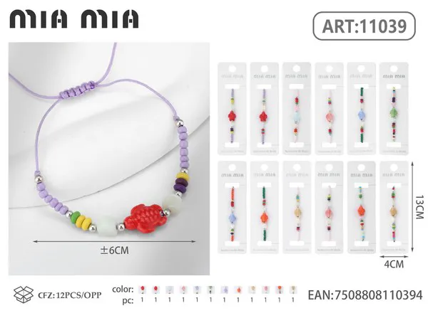 Pulsera tejida con dije de tortuga y cuentas, morada