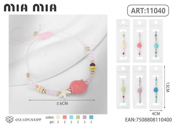 Pulsera tejida con dije de pez y cuentas, rosa