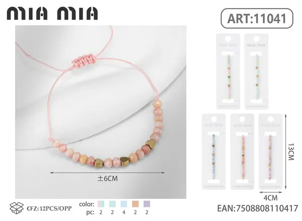 Pulsera tejida con chips de piedra y corazón, rosa