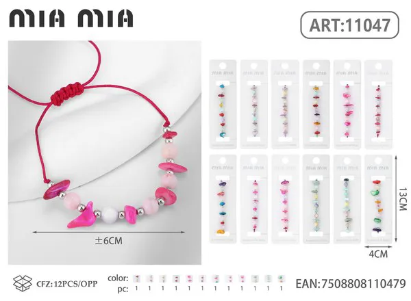 Pulsera tejida con chips de piedra y concha, rosa