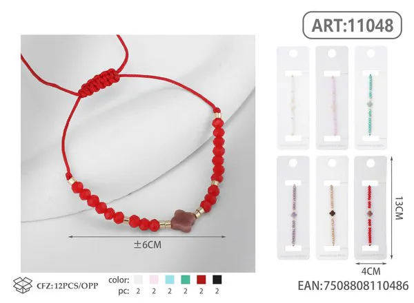 Pulsera tejida con cuentas y dije de flor, roja