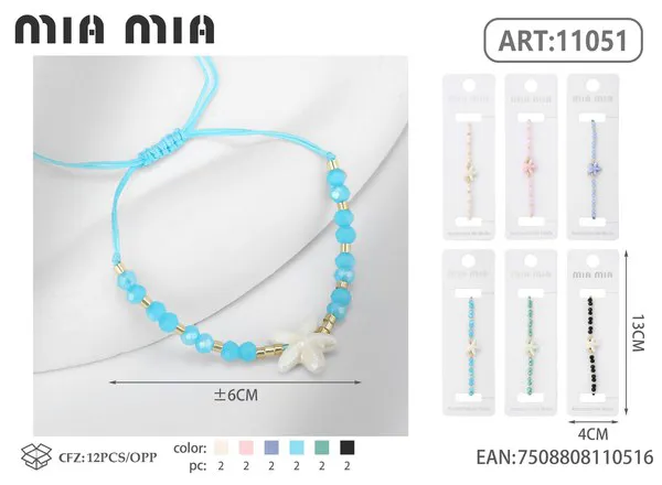 Pulsera tejida con estrella de mar y cuentas, azul