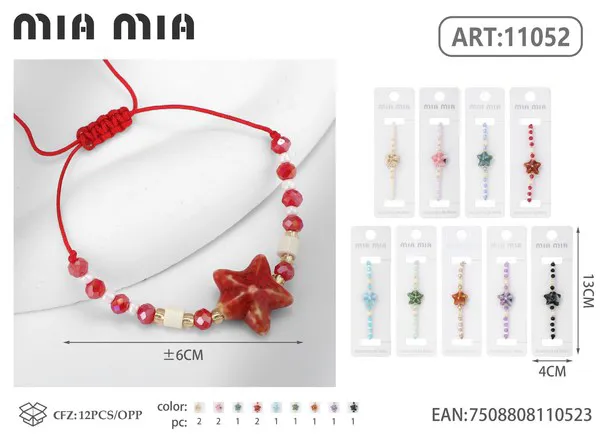 Pulsera tejida con estrella de mar y cuentas de cristal, roja