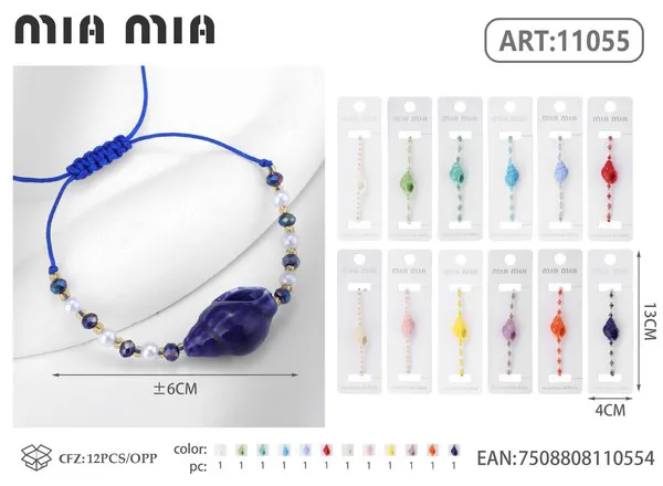 Pulsera tejida con caracol de mar y perlas, azul