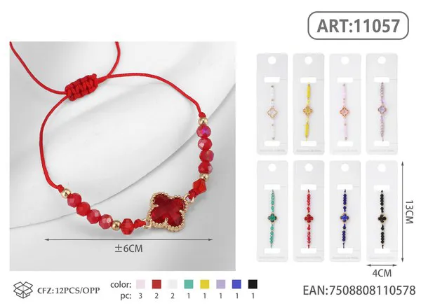 Pulsera tejida con trébol de cuatro hojas y cristales, roja
