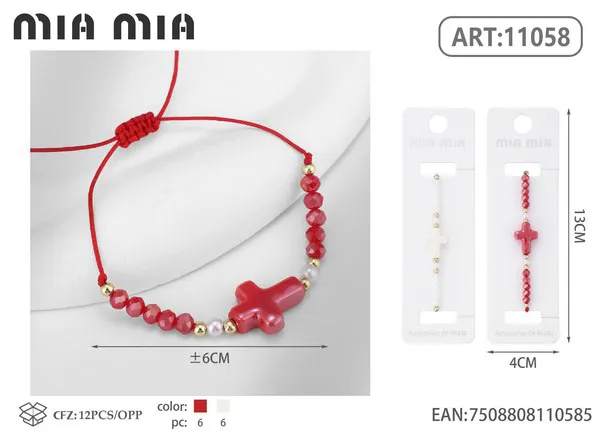 Pulsera tejida con cruz de cerámica, roja
