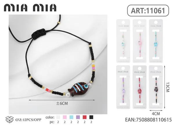 Pulsera tejida con dije de pez, negra