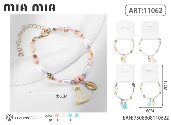 Pulsera de cuentas estilo marino con concha y borla, beige
