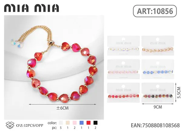 Pulsera de cristal facetado con corazones, roja