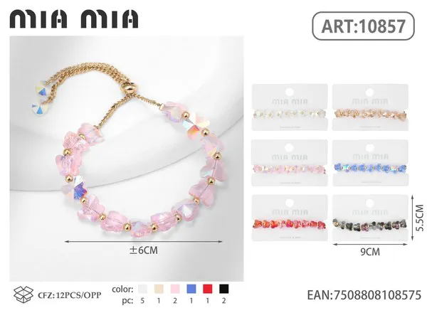 Pulsera de cristal facetado con mariposas, rosa