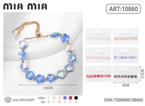 Pulsera de cristal facetado con flores, azul