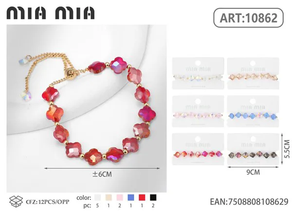 Pulsera de cristal facetado con flores, roja