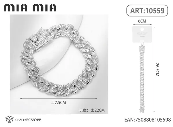 Pulsera plateada de aleación tipo cubana con circonias