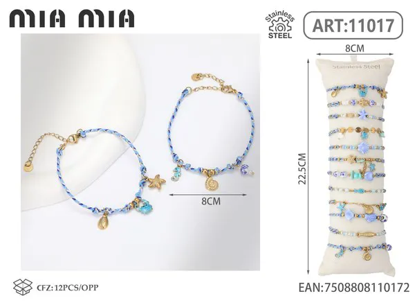 Pulsera tejida de acero inoxidable con conchas, azul