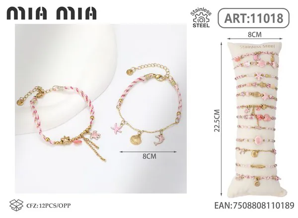 Pulsera tejida de acero inoxidable con conchas, rosa