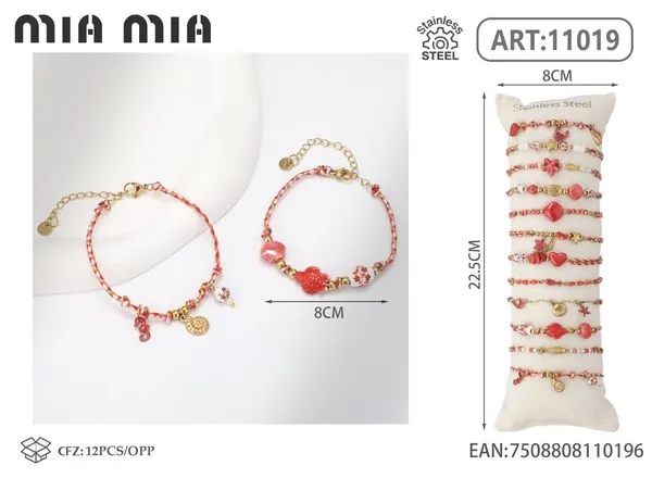 Pulsera tejida de acero inoxidable con conchas, fucsia