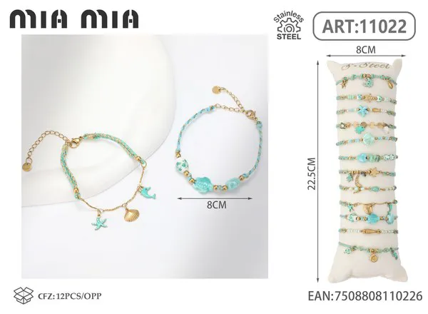 Pulsera tejida de acero inoxidable con conchas, verde