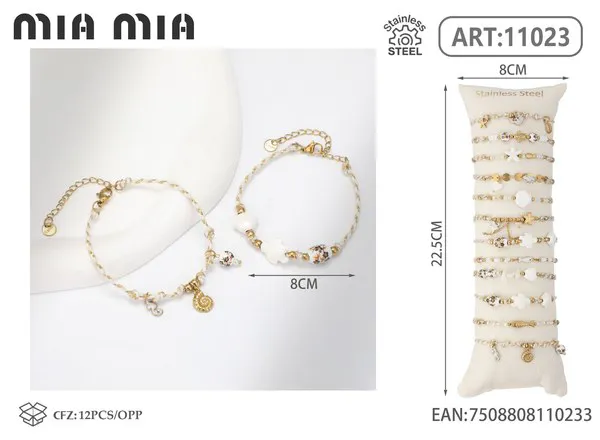 Pulsera tejida de acero inoxidable con conchas, beige