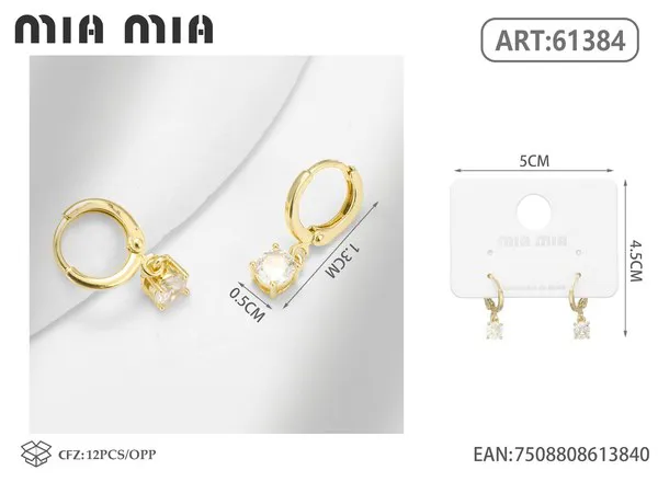 Argollas doradas con colgante de circonia cuadrada
