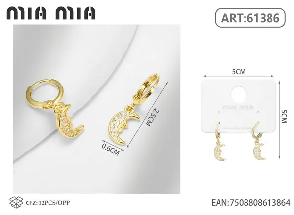 Argollas con dije de luna con circonias, doradas