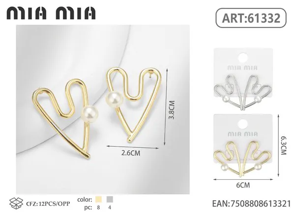Aretes de corazón de alambre con perla, dorados