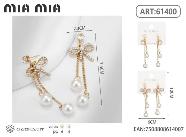 Aretes colgantes de moño con perlas, dorados