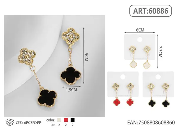 Aretes colgantes de doble trébol con circonias y esmalte negro
