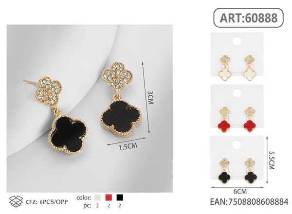 Aretes de doble trébol con circonias y esmalte negro