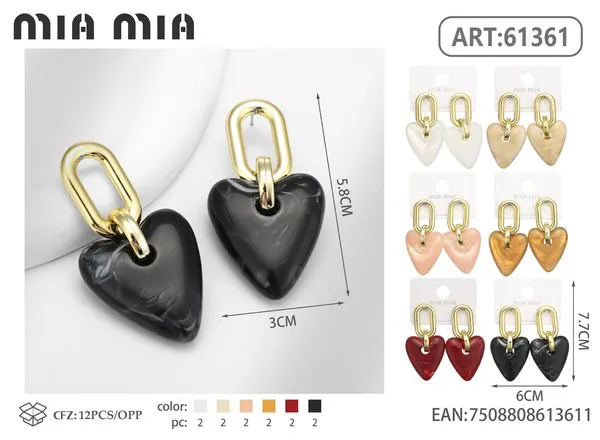 Aretes de resina con corazón y eslabón dorado