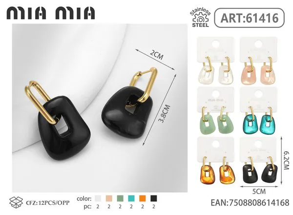 Argollas de acero inoxidable con dije de resina negra