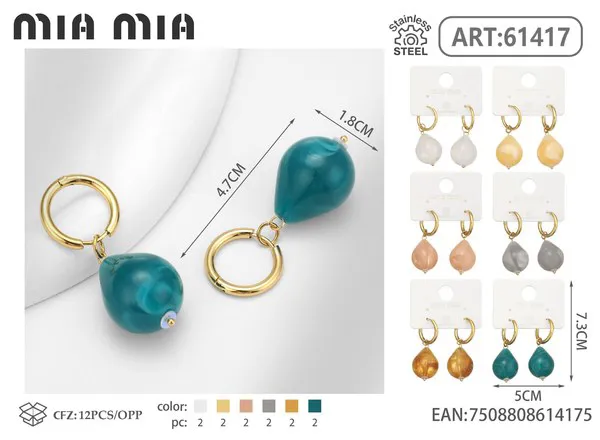 Argollas de acero inoxidable con dije de resina azul