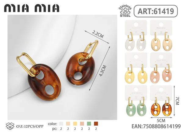 Argollas de acero inoxidable con dije de resina café