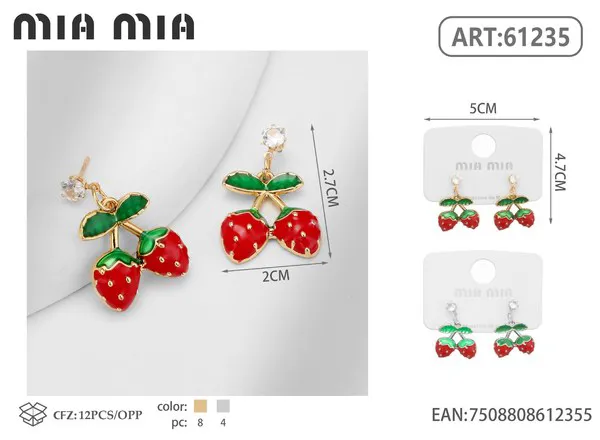 Aretes de fresa de esmalte rojo y verde