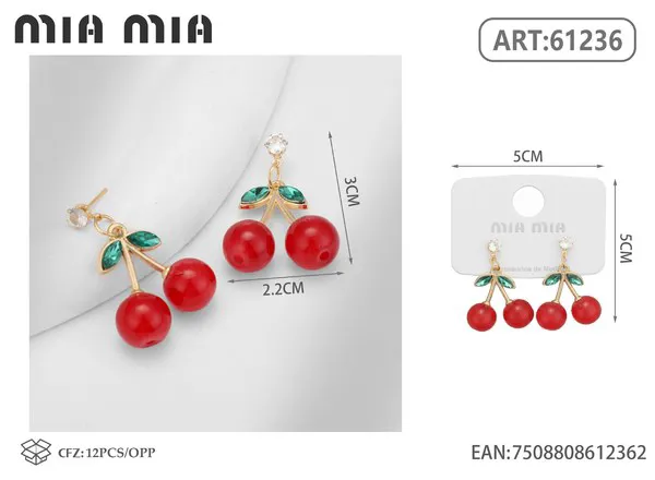 Aretes de cereza roja con hojas verdes