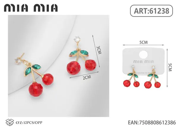 Aretes de cereza de cristal rojo con hojas verdes