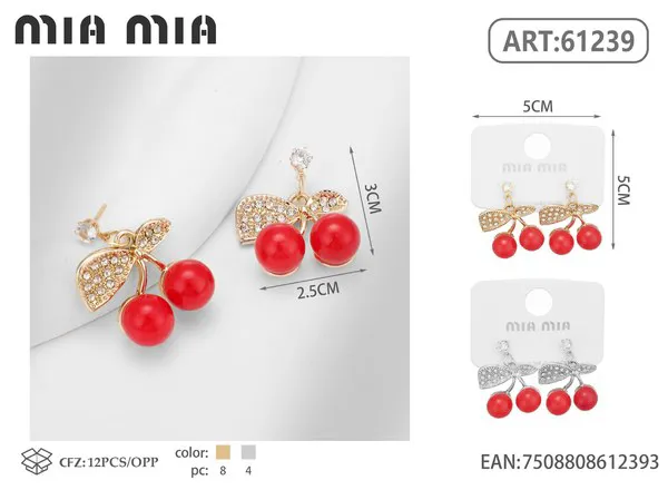 Aretes de cereza roja con circonias y hojas verdes