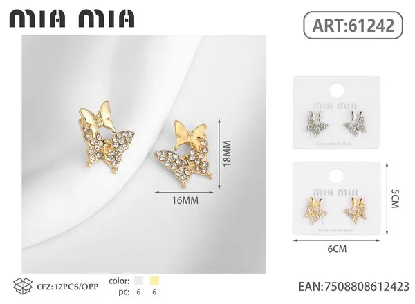 Aretes de doble mariposa con circonias, dorados
