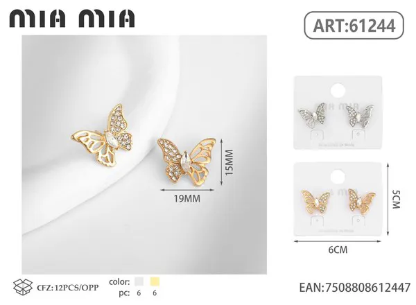 Aretes de mariposa con circonias, dorados