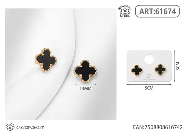 Aretes de trébol negro de acero inoxidable
